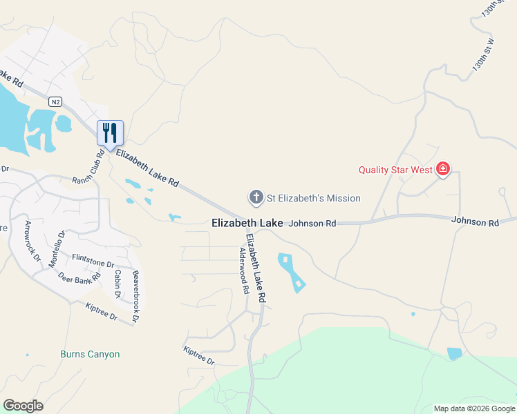 map of restaurants, bars, coffee shops, grocery stores, and more near 13845 Johnson Road in Lake Hughes