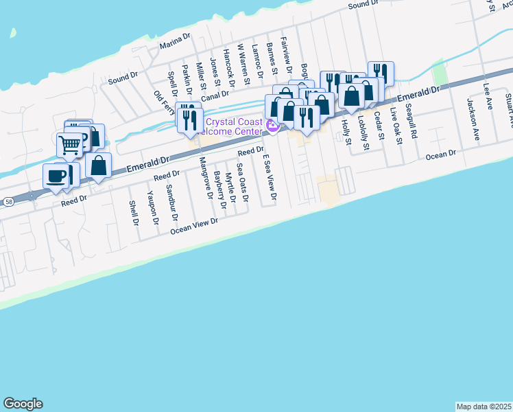 map of restaurants, bars, coffee shops, grocery stores, and more near 103 W Seaview Dr in Emerald Isle