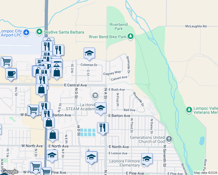 map of restaurants, bars, coffee shops, grocery stores, and more near 805 East Bush Avenue in Lompoc