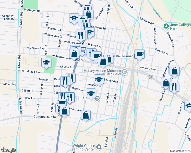 map of restaurants, bars, coffee shops, grocery stores, and more near 500 Becker Avenue in Belen