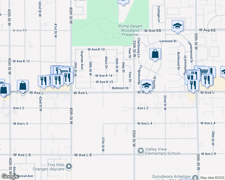 map of restaurants, bars, coffee shops, grocery stores, and more near 3648 Balmont Street in Quartz Hill