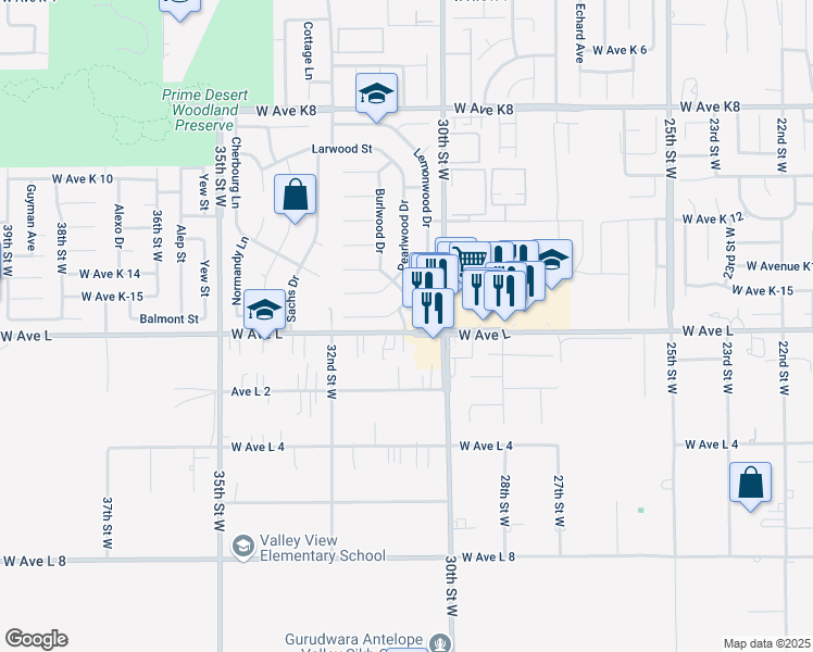 map of restaurants, bars, coffee shops, grocery stores, and more near 42000 Tumblewood Way in Lancaster