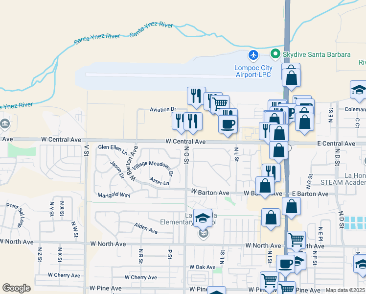 map of restaurants, bars, coffee shops, grocery stores, and more near 1356 Viola Way in Lompoc
