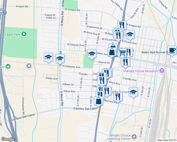 map of restaurants, bars, coffee shops, grocery stores, and more near 1005 West Delgado Avenue in Belen