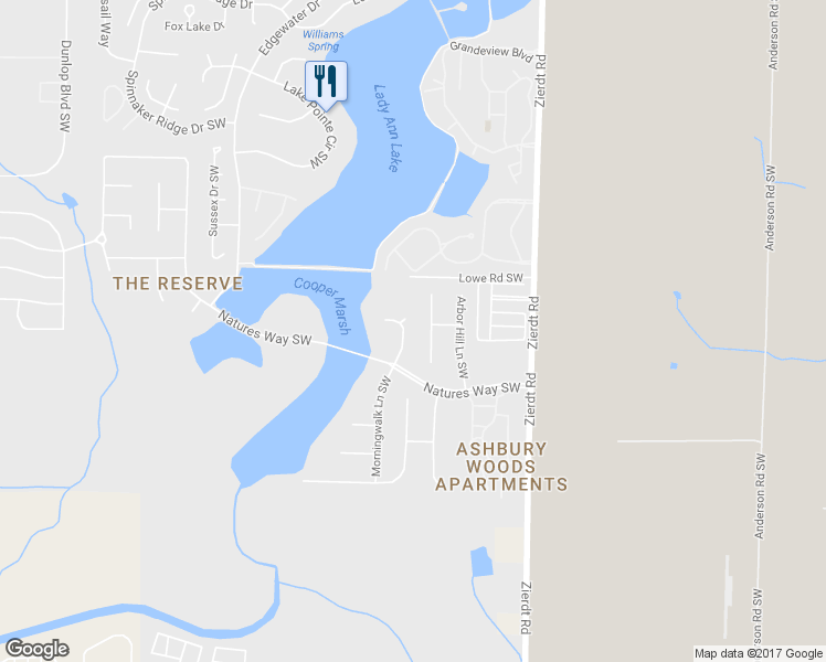 map of restaurants, bars, coffee shops, grocery stores, and more near 119 Morningwalk Lane Southwest in Huntsville