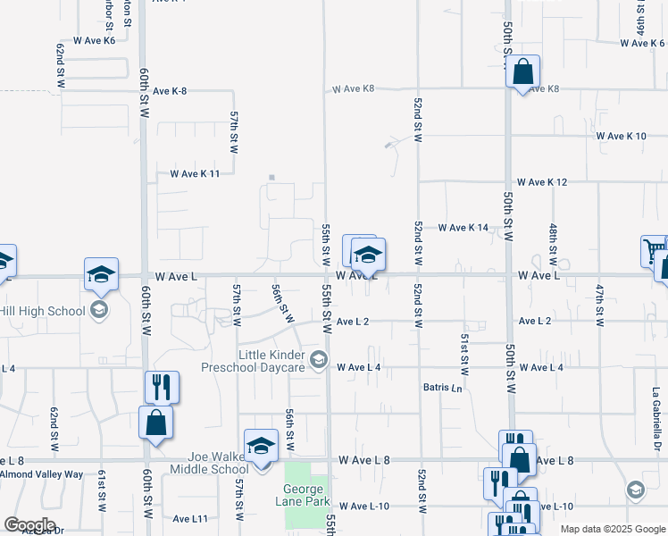 map of restaurants, bars, coffee shops, grocery stores, and more near 5357 West Avenue L in Lancaster