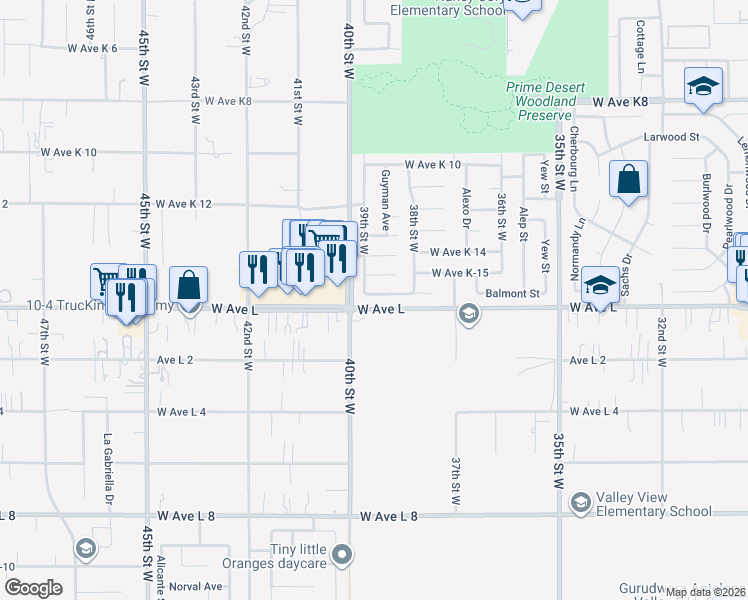 map of restaurants, bars, coffee shops, grocery stores, and more near 3830 Balmont Street in Lancaster