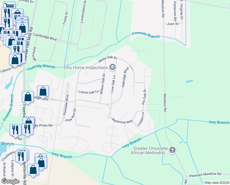 map of restaurants, bars, coffee shops, grocery stores, and more near 5002 Live Oak Lane in Lumberton