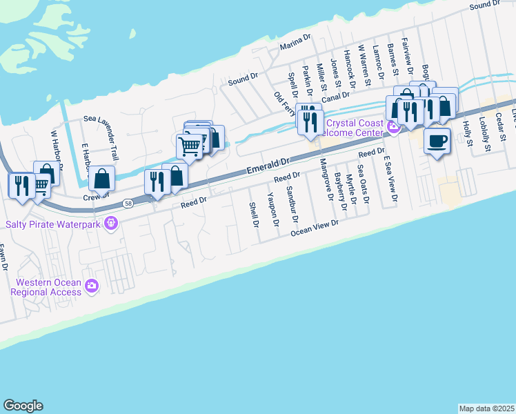 map of restaurants, bars, coffee shops, grocery stores, and more near 114 Shell Drive in Emerald Isle