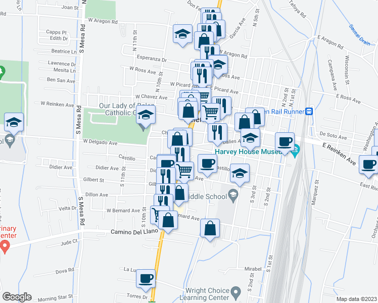 map of restaurants, bars, coffee shops, grocery stores, and more near 100 South Main Street in Belen