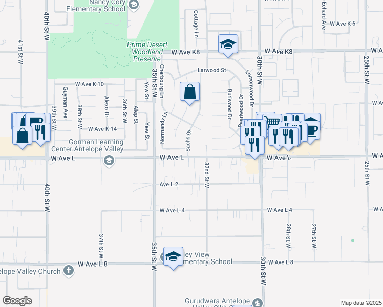 map of restaurants, bars, coffee shops, grocery stores, and more near 42802 Sachs Drive in Lancaster