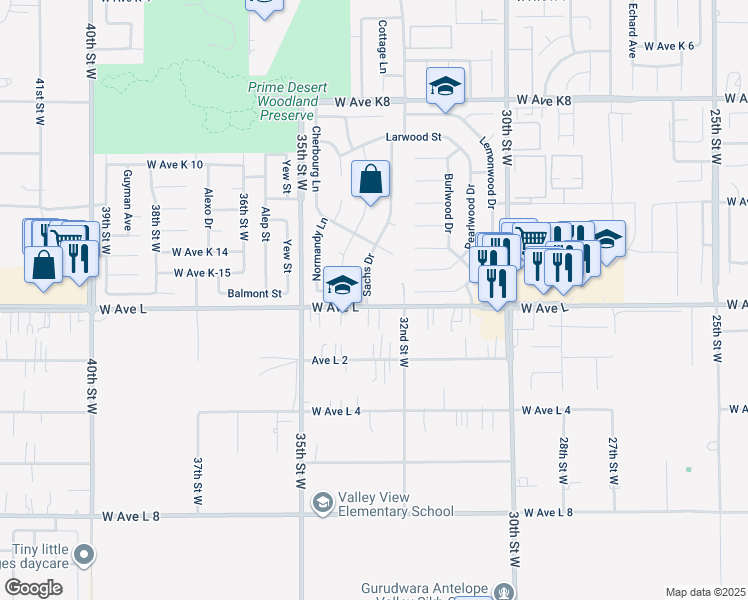 map of restaurants, bars, coffee shops, grocery stores, and more near 42802 Sachs Drive in Lancaster