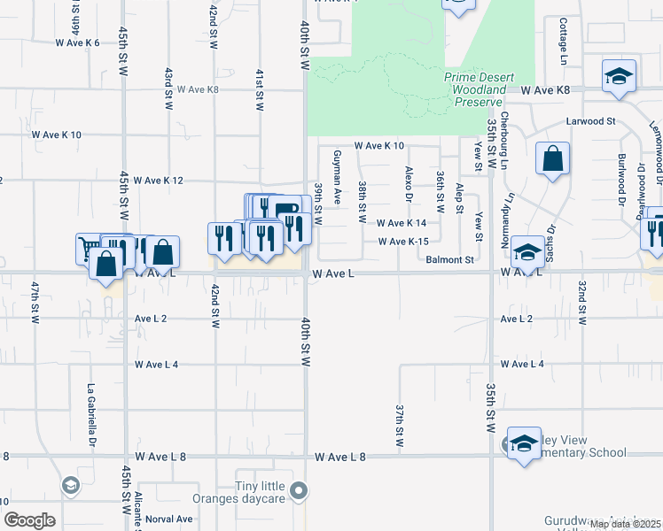 map of restaurants, bars, coffee shops, grocery stores, and more near 3830 Balmont Street in Lancaster