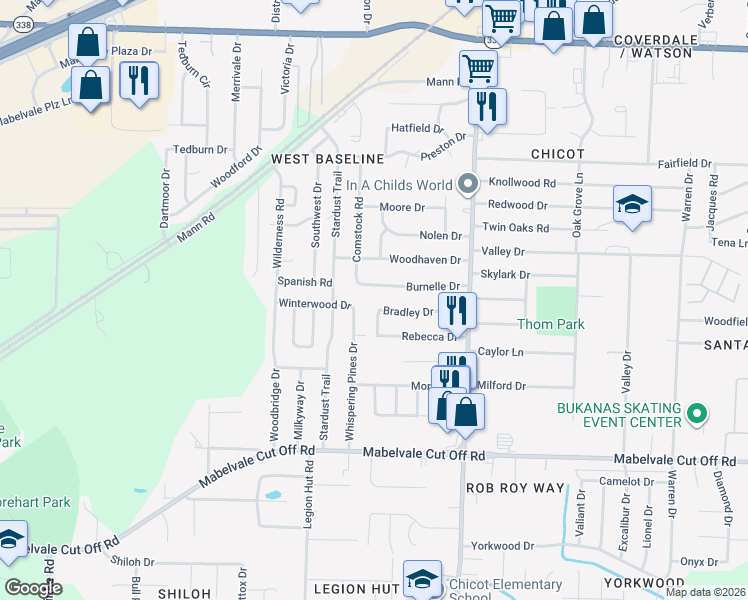 map of restaurants, bars, coffee shops, grocery stores, and more near 7916 Bradley Drive in Little Rock