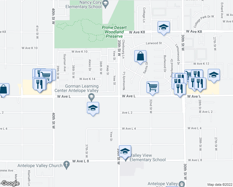 map of restaurants, bars, coffee shops, grocery stores, and more near 42800 Yew Street in Lancaster