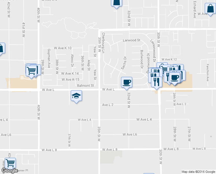 map of restaurants, bars, coffee shops, grocery stores, and more near 3340 Brittany Lane in Lancaster