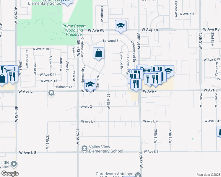 map of restaurants, bars, coffee shops, grocery stores, and more near 3162 Peachwood Drive in Lancaster