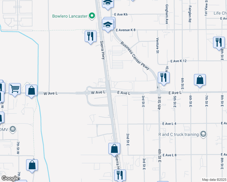 map of restaurants, bars, coffee shops, grocery stores, and more near West Avenue L in Lancaster
