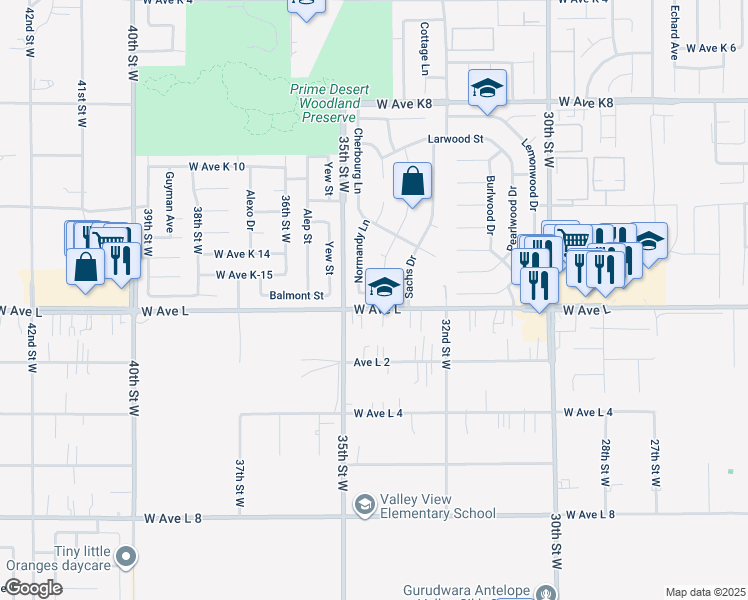 map of restaurants, bars, coffee shops, grocery stores, and more near 3340 Brittany Lane in Lancaster
