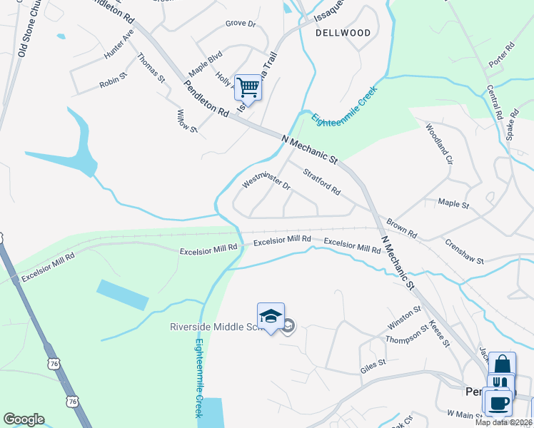 map of restaurants, bars, coffee shops, grocery stores, and more near 302 Westminster Drive in Pendleton