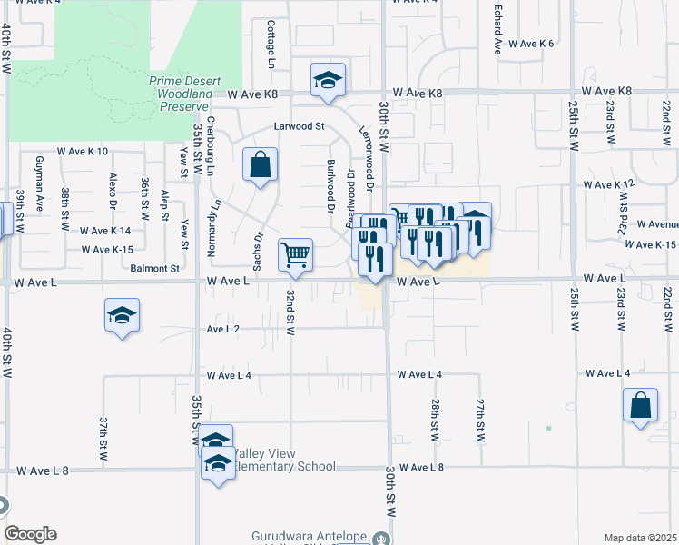 map of restaurants, bars, coffee shops, grocery stores, and more near 42000 Tumblewood Way in Lancaster