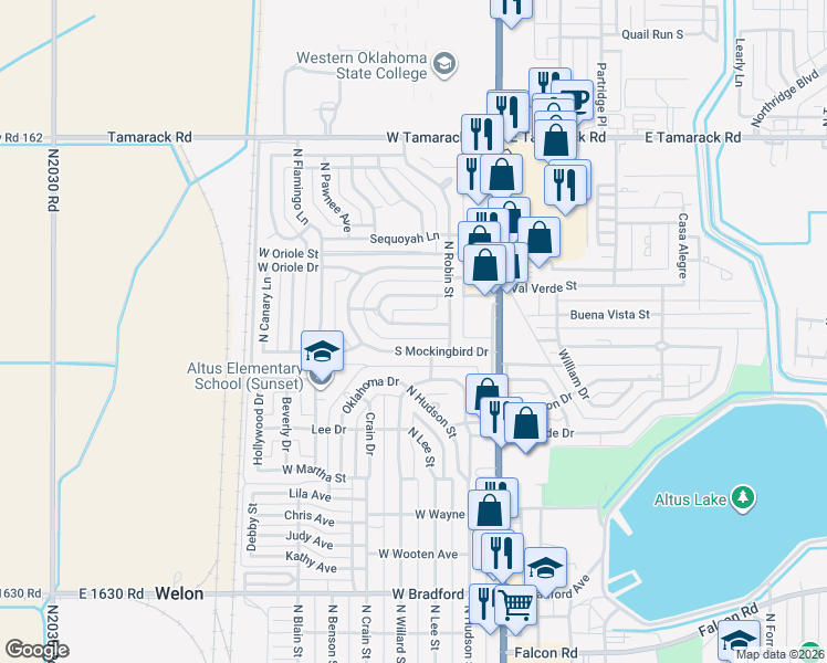 map of restaurants, bars, coffee shops, grocery stores, and more near 300 South Cardinal Circle in Altus