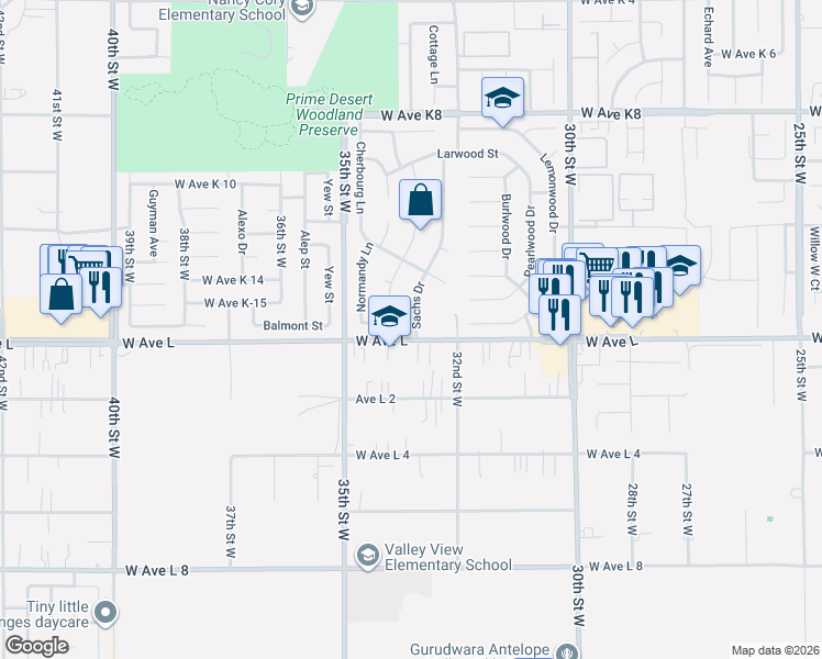 map of restaurants, bars, coffee shops, grocery stores, and more near 12807 Sachs Drive in Lancaster