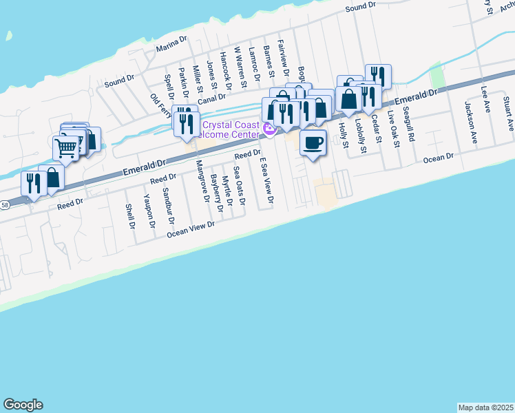map of restaurants, bars, coffee shops, grocery stores, and more near 103 W Seaview Dr in Emerald Isle
