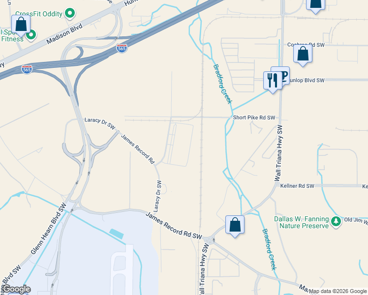 map of restaurants, bars, coffee shops, grocery stores, and more near 237 Laracy Drive Southwest in Huntsville