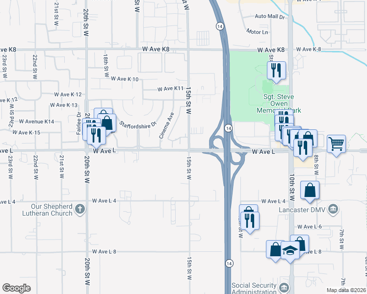 map of restaurants, bars, coffee shops, grocery stores, and more near 42805 15th Street West in Lancaster