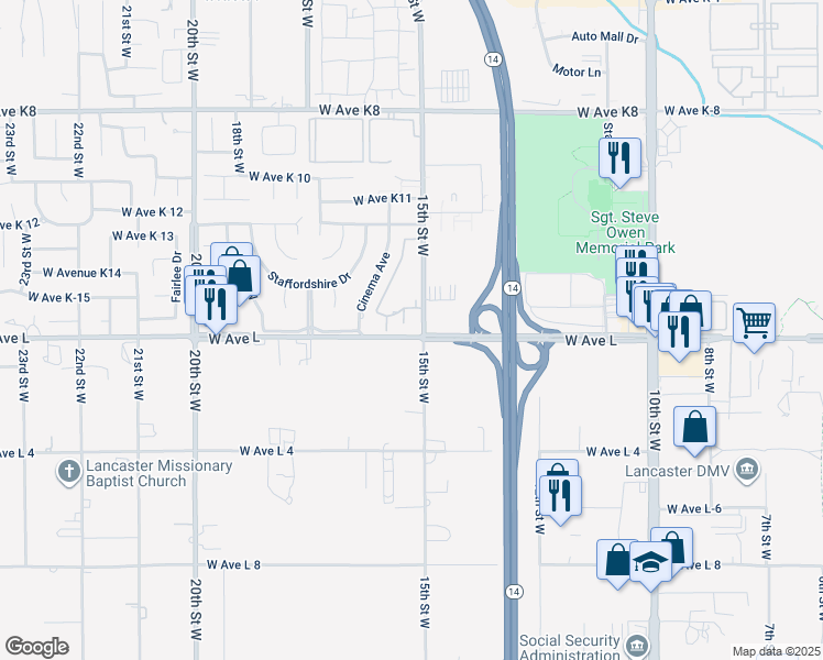 map of restaurants, bars, coffee shops, grocery stores, and more near 42805 15th Street West in Lancaster