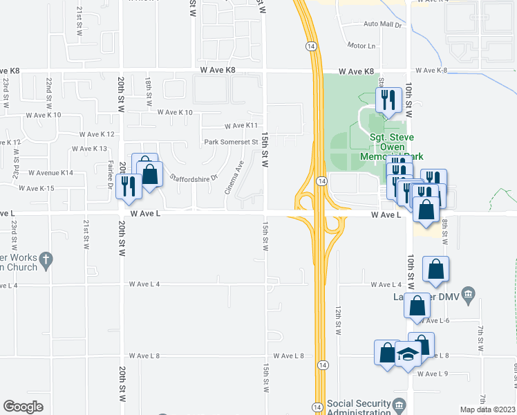 map of restaurants, bars, coffee shops, grocery stores, and more near 42805 15th Street West in Lancaster