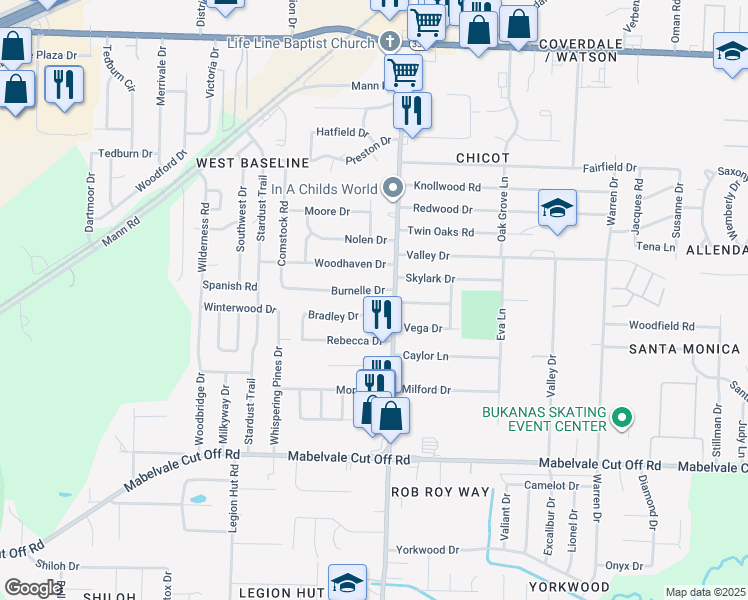 map of restaurants, bars, coffee shops, grocery stores, and more near 9909 Carrie Lane in Little Rock