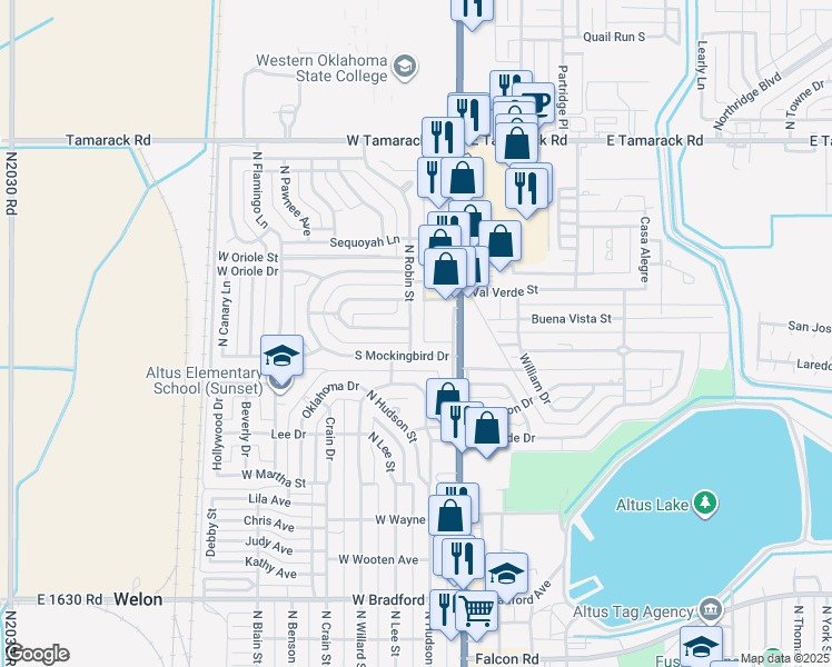 map of restaurants, bars, coffee shops, grocery stores, and more near 1908 North Robin Street in Altus