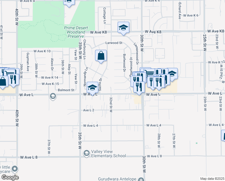 map of restaurants, bars, coffee shops, grocery stores, and more near 3166 Peachwood Drive in Lancaster