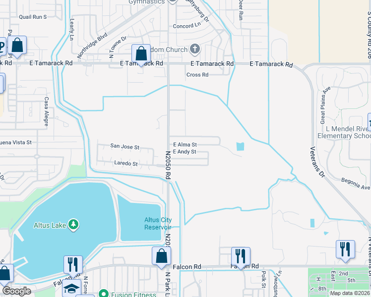 map of restaurants, bars, coffee shops, grocery stores, and more near 1312 East Alma Street in Altus