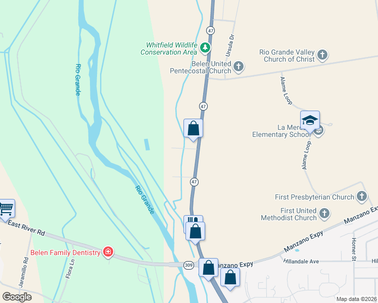 map of restaurants, bars, coffee shops, grocery stores, and more near 2382 Graceland Lane in Belen