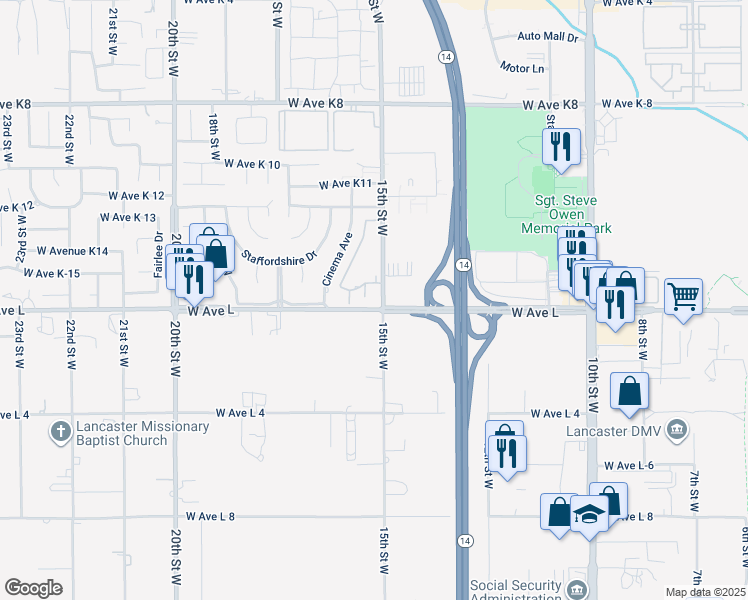 map of restaurants, bars, coffee shops, grocery stores, and more near 42805 15th Street West in Lancaster