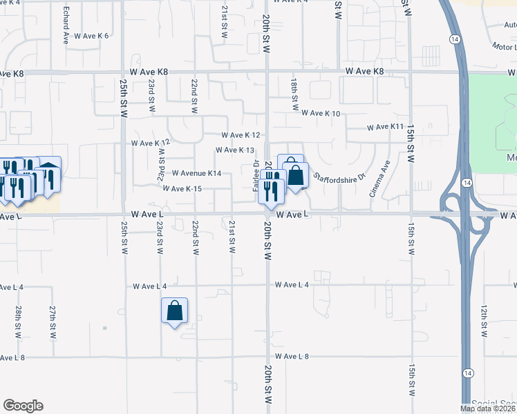 map of restaurants, bars, coffee shops, grocery stores, and more near 1983 West Avenue L in Lancaster