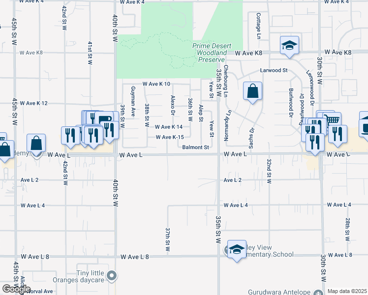 map of restaurants, bars, coffee shops, grocery stores, and more near 3648 Balmont Street in Quartz Hill