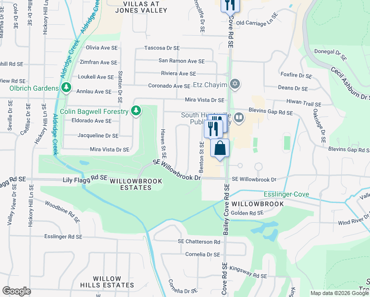map of restaurants, bars, coffee shops, grocery stores, and more near 7843 Horseshoe Trail Southeast in Huntsville