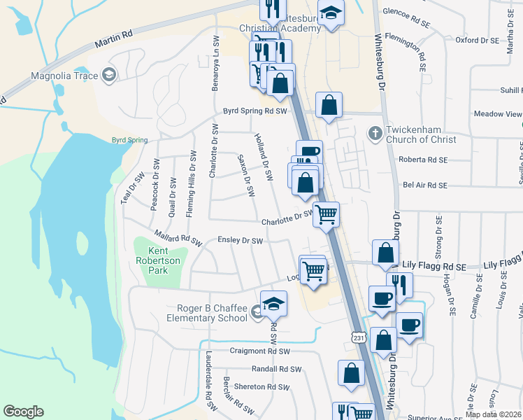 map of restaurants, bars, coffee shops, grocery stores, and more near 7902 Charlotte Drive Southwest in Huntsville