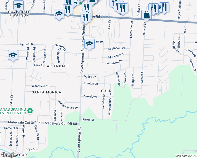 map of restaurants, bars, coffee shops, grocery stores, and more near 5703 Valley Drive in Little Rock