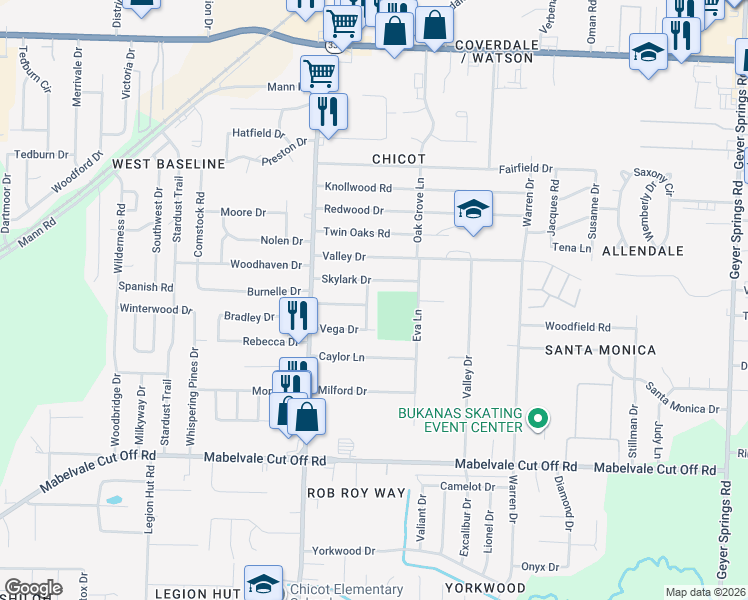 map of restaurants, bars, coffee shops, grocery stores, and more near 9900 Eva Lane in Little Rock