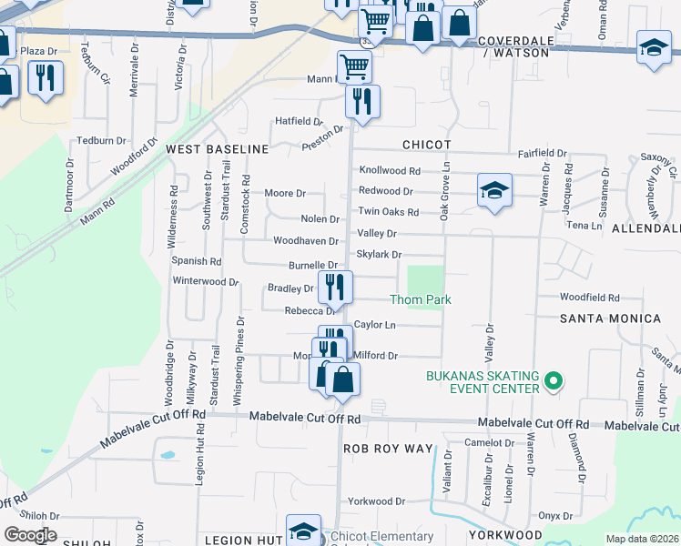 map of restaurants, bars, coffee shops, grocery stores, and more near 7515 Ember Lane in Little Rock