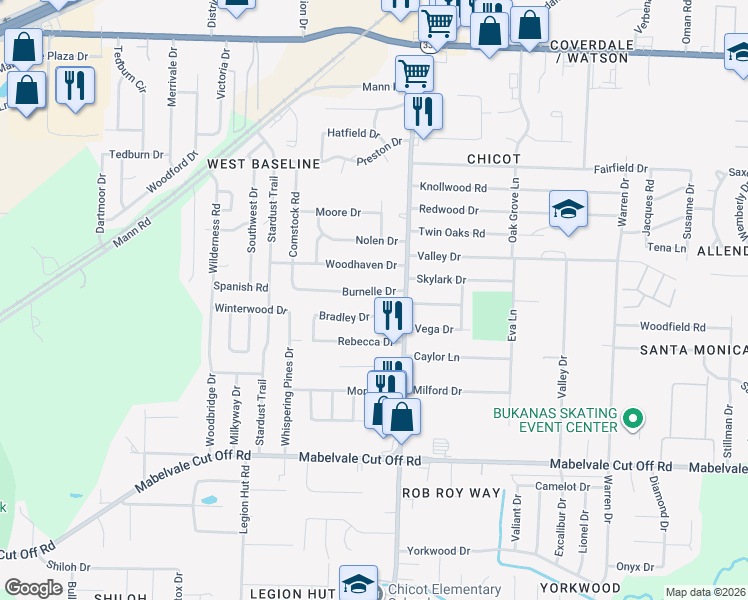 map of restaurants, bars, coffee shops, grocery stores, and more near 9909 Carrie Lane in Little Rock