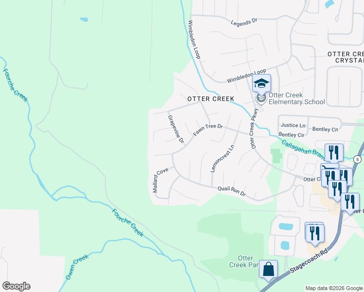 map of restaurants, bars, coffee shops, grocery stores, and more near 18501 Fawn Tree Drive in Little Rock