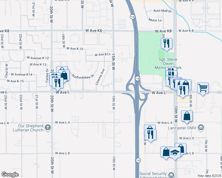 map of restaurants, bars, coffee shops, grocery stores, and more near 42805 15th Street West in Lancaster