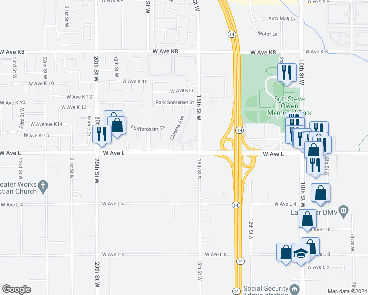 map of restaurants, bars, coffee shops, grocery stores, and more near 1535 West Avenue L in Lancaster