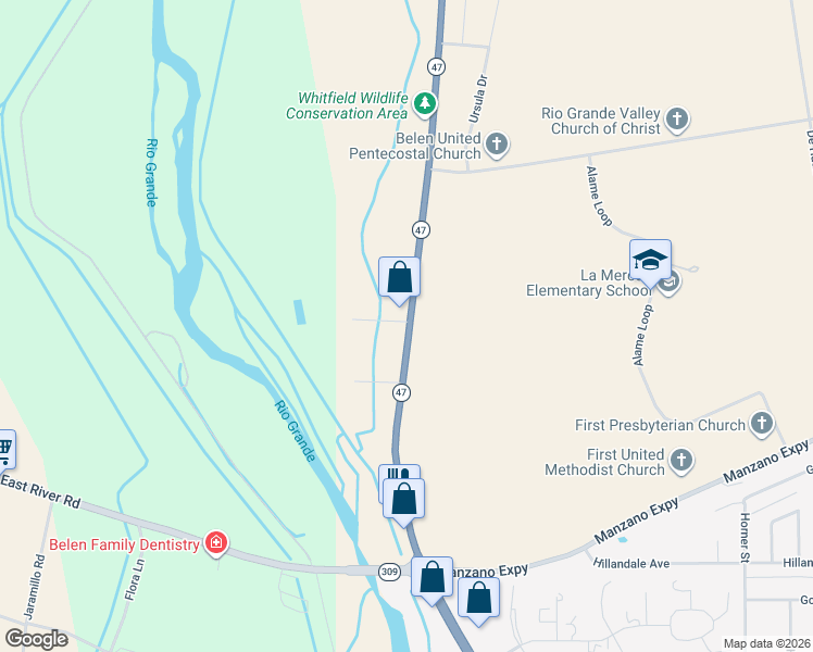 map of restaurants, bars, coffee shops, grocery stores, and more near 2382 Graceland Lane in Belen